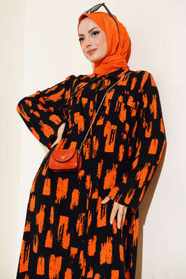 Desenli Cepli Elbise Siyah Oranj - Thumbnail