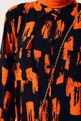 Desenli Cepli Elbise Siyah Oranj - Thumbnail