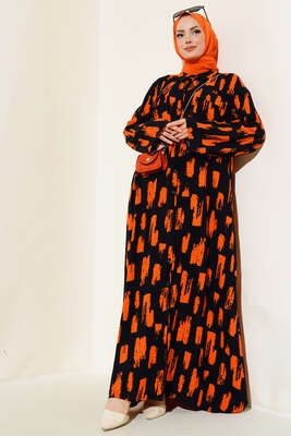 Desenli Cepli Elbise Siyah Oranj 