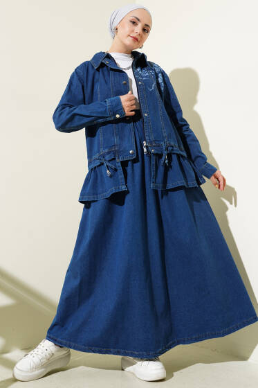 Desenli Çıtçıt Düğmeli Etekli Kot Takım Lacivert - İkili Takım