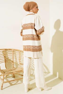 Desenli Çizgili Triko İkili Takım Bej - Triko İkili Takım