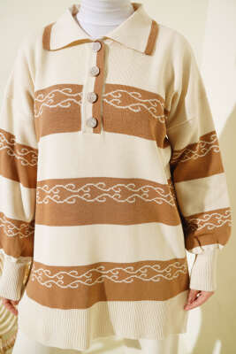 Desenli Çizgili Triko İkili Takım Bej - Triko İkili Takım