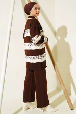 Desenli Çizgili Triko İkili Takım Kahve - Triko İkili Takım