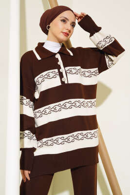 Desenli Çizgili Triko İkili Takım Kahve - Triko İkili Takım