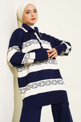 Desenli Çizgili Triko İkili Takım Lacivert - Triko İkili Takım