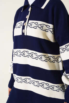 Desenli Çizgili Triko İkili Takım Lacivert - Triko İkili Takım