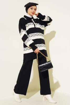 Desenli Çizgili Triko İkili Takım Siyah - SUDE NAZ