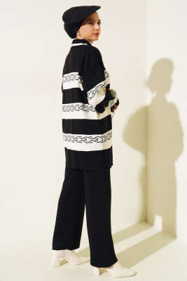 Desenli Çizgili Triko İkili Takım Siyah - Triko İkili Takım