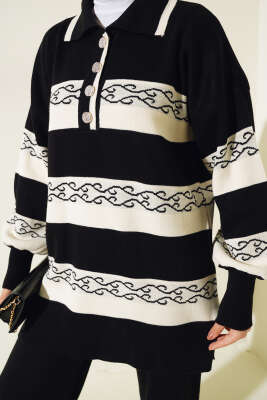 Desenli Çizgili Triko İkili Takım Siyah - Triko İkili Takım