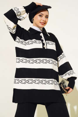 Desenli Çizgili Triko İkili Takım Siyah - Triko İkili Takım