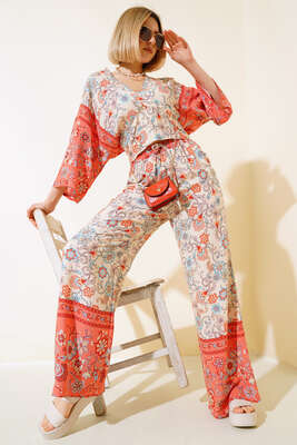Desenli Crop Takım Bej - Yeni Giyim