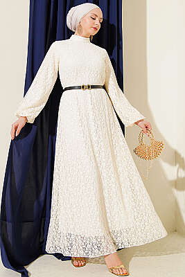Desenli Dantelli Kloş Elbise Krem - BERAT TEKSTİL