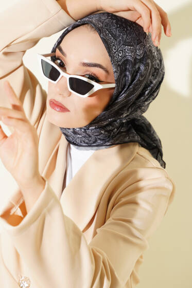 Desenli Demore Siyah Serisi Eşarp Asorti 7 - Başörtüsü