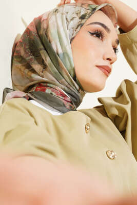 Desenli Dijital Baskılı Eşarp Haki - Başörtüsü