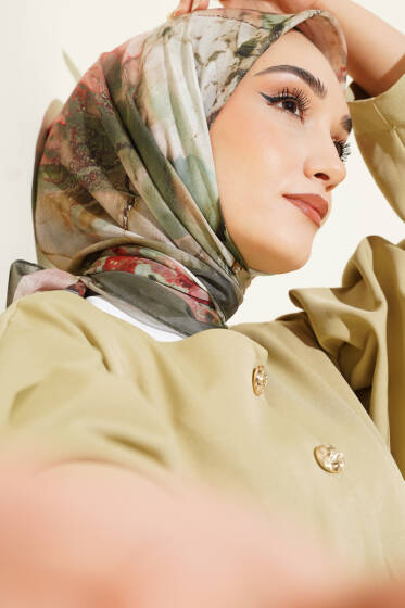 Desenli Dijital Baskılı Eşarp Haki - Başörtüsü