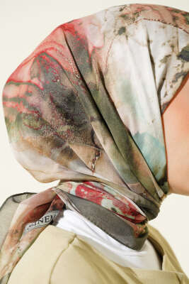 Desenli Dijital Baskılı Eşarp Haki - Başörtüsü