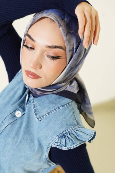 Desenli Dijital Baskılı Eşarp Lacivert - Başörtüsü