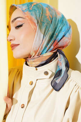 Desenli Dijital Baskılı Eşarp Lacivert Mavi 