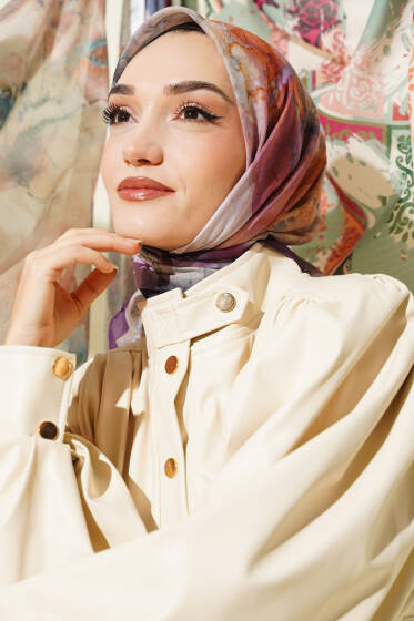 Desenli Dijital Baskılı Eşarp Mor - Başörtüsü