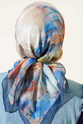 Desenli Dijital Baskılı Eşarp Petrol Mavisi - Başörtüsü