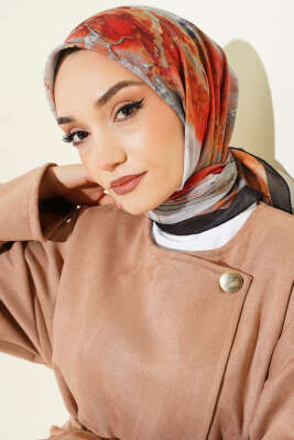 Desenli Dijital Baskılı Eşarp Siyah Oranj - Başörtüsü