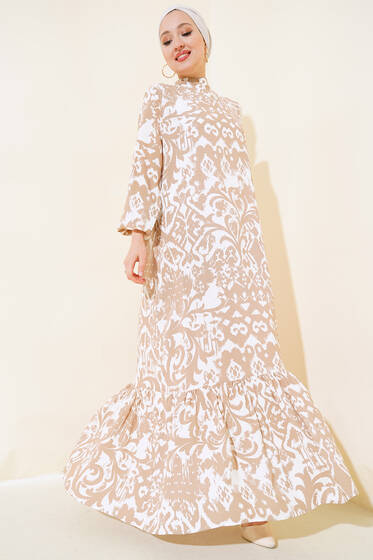 Desenli Dik Yaka Elbise Latte - Elbise