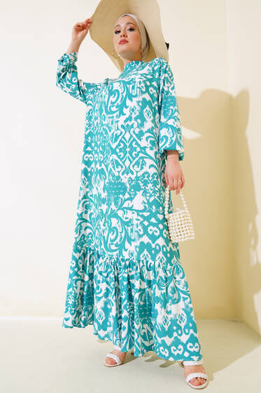 Desenli Dik Yaka Elbise Yeşil - Elbise