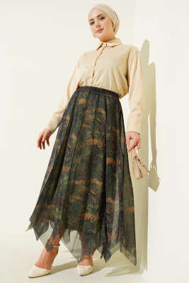 Desenli Dikişli Asimetrik Şifon Etek Haki - Etek