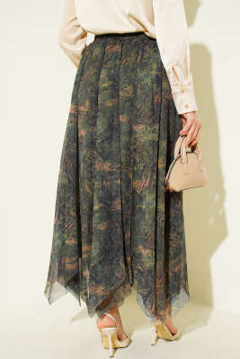 Desenli Dikişli Asimetrik Şifon Etek Haki - Etek