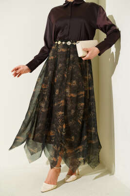 Desenli Dikişli Asimetrik Şifon Etek Kahve - HATUN