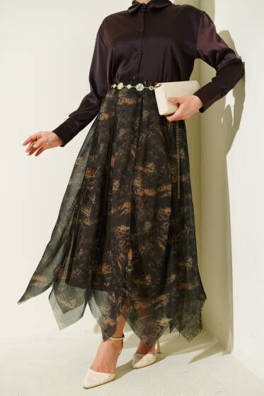 Desenli Dikişli Asimetrik Şifon Etek Kahve - Etek