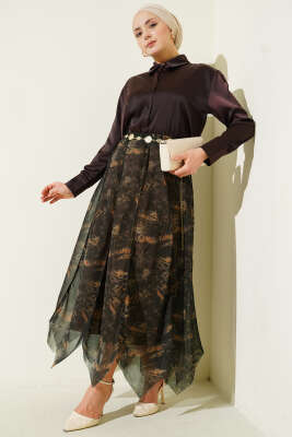 Desenli Dikişli Asimetrik Şifon Etek Kahve - Etek