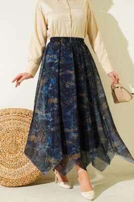 Desenli Dikişli Asimetrik Şifon Etek Lacivert - HATUN