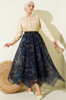 Desenli Dikişli Asimetrik Şifon Etek Lacivert - Etek