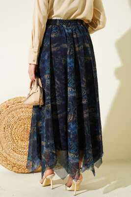 Desenli Dikişli Asimetrik Şifon Etek Lacivert - Etek