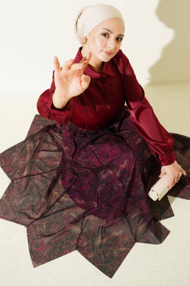 Desenli Dikişli Asimetrik Şifon Etek Mürdüm - Etek