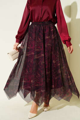 Desenli Dikişli Asimetrik Şifon Etek Mürdüm - Etek