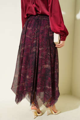 Desenli Dikişli Asimetrik Şifon Etek Mürdüm - Etek