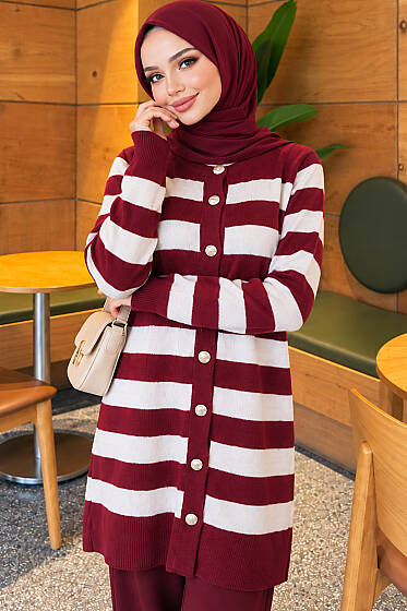 Desenli Düğme Detaylı Triko Hırka Bordo - 300-500 TL Ürünler