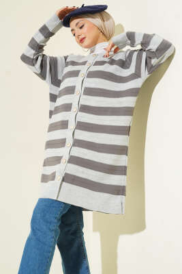 Desenli Düğme Detaylı Triko Hırka Gri - Hırka