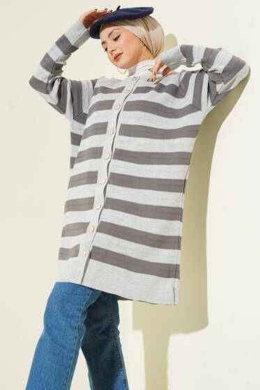 Desenli Düğme Detaylı Triko Hırka Gri - Hırka