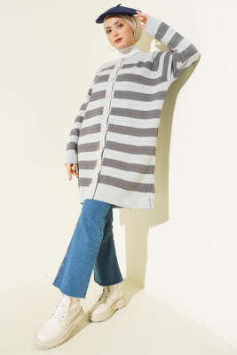 Desenli Düğme Detaylı Triko Hırka Gri - Hırka