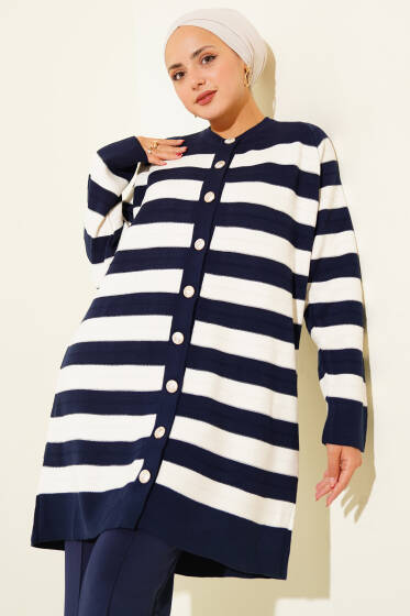 Desenli Düğme Detaylı Triko Hırka Lacivert - Hırka