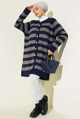 Desenli Düğme Detaylı Triko Hırka Lacivert - NOVALÜX