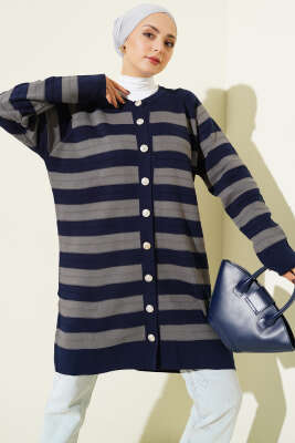 Desenli Düğme Detaylı Triko Hırka Lacivert - Hırka