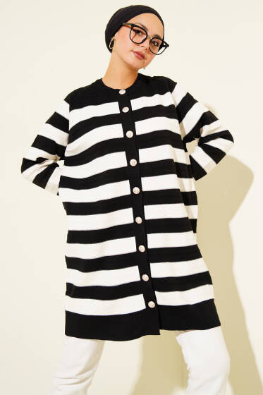 Desenli Düğme Detaylı Triko Hırka Siyah - Hırka