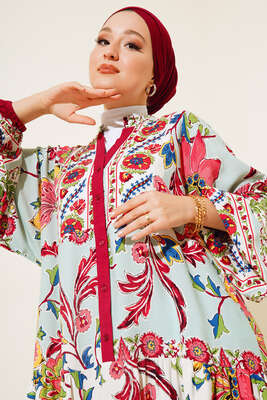 Desenli Düğme Patlı Viskon Elbise Bordo Mint - Tesettür Elbise