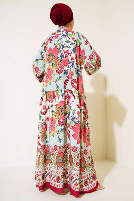 Desenli Düğme Patlı Viskon Elbise Bordo Mint - Tesettür Elbise