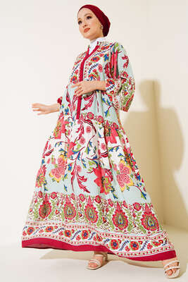 Desenli Düğme Patlı Viskon Elbise Bordo Mint 