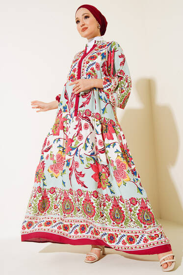 Desenli Düğme Patlı Viskon Elbise Bordo Mint - Tesettür Elbise